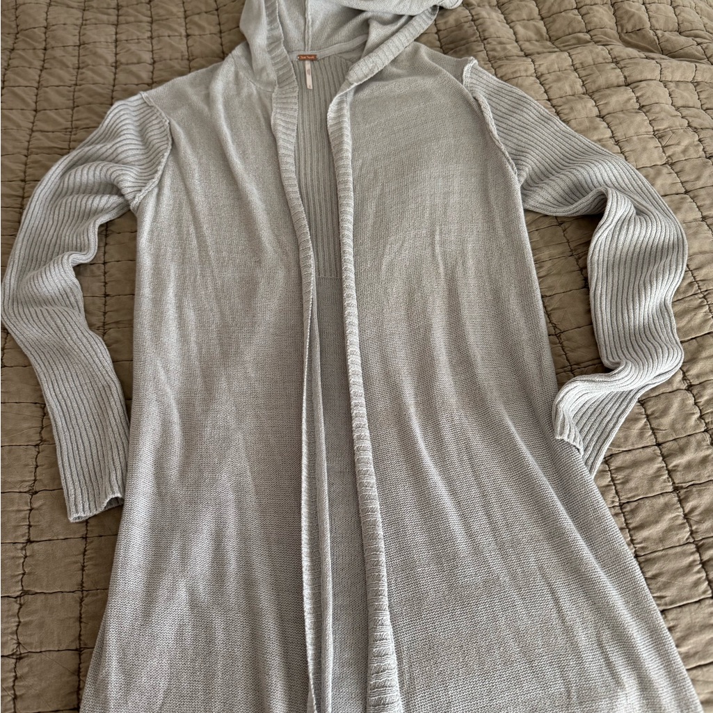 Free People Soft Gray Knit Hooded Ribbed Duster, Small